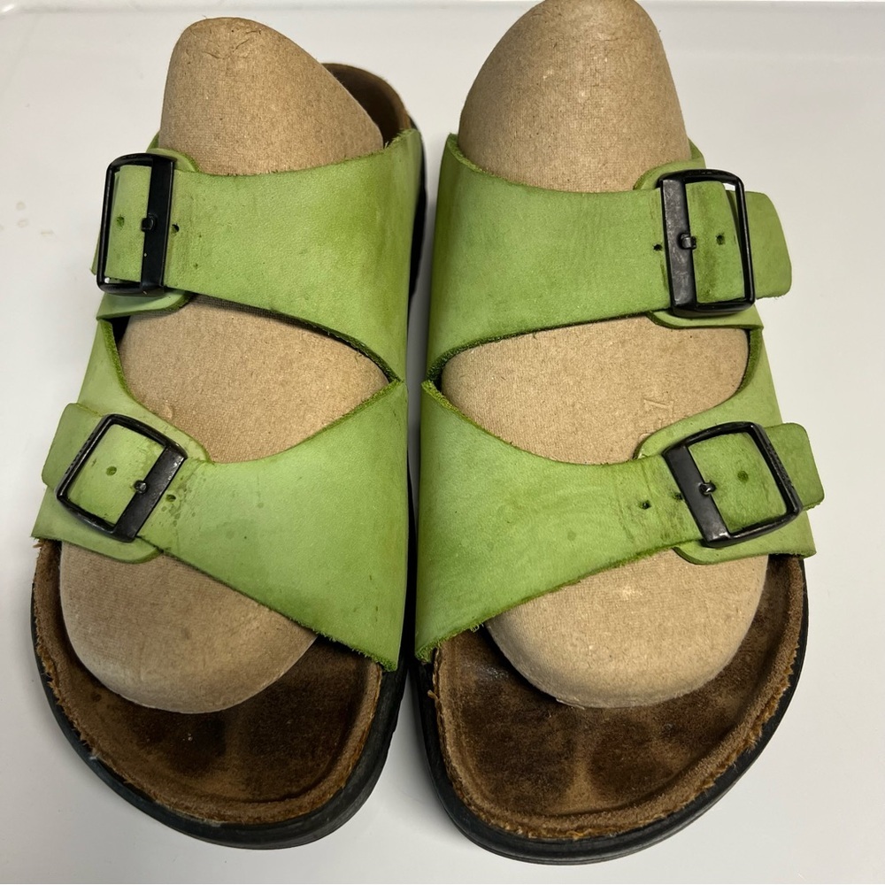 Birkenstock Betula platform Arizona 2 strap slide neon green leather black buckl - Picture 4 of 12